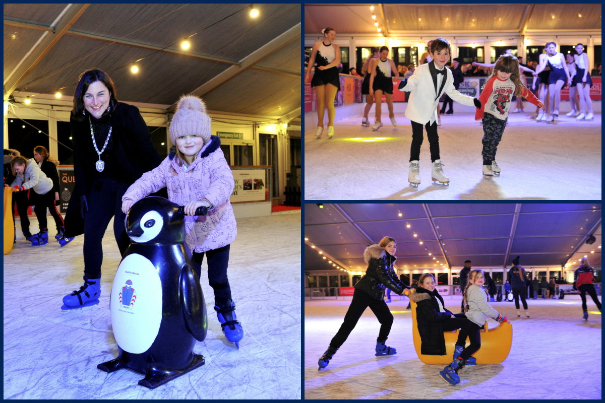 A collage of images of parents and children ice skating.